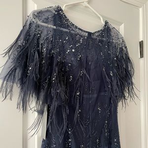 NWT - STUNNING! Teri Jon by Rickie Freeman Navy Mermaid Gown Beaded Feathers